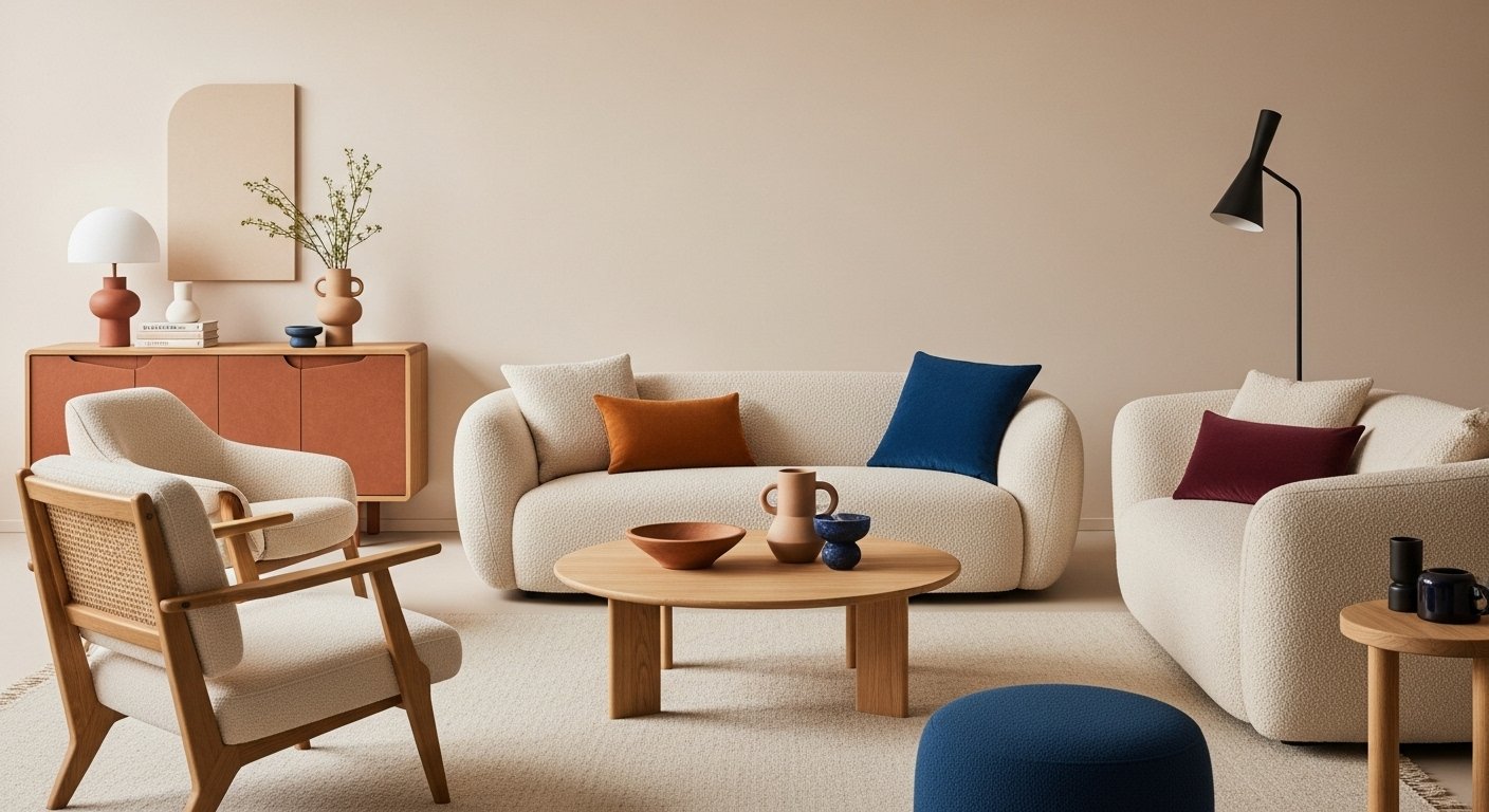 Sala moderna com sof&aacute; curvo, poltrona estofada e paleta de cores terrosas e verdes